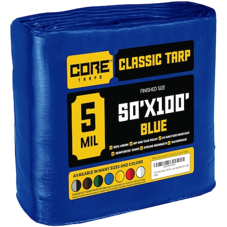 Core Tarps Tarp, 100 ft L x 0.5 mm H x 50 ft W, 5 Mil, Blue, Polyethylene CT-505-50X100